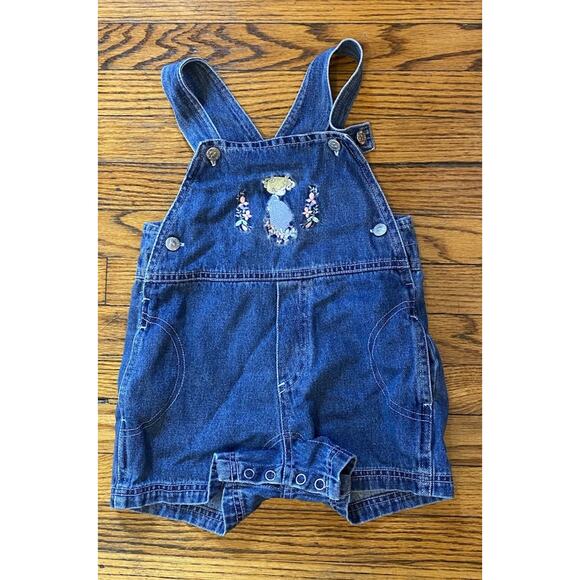 Vintage Precious Moments Denim Jumper Overalls Shorts Infant Girls 24M - Picture 1 of 6